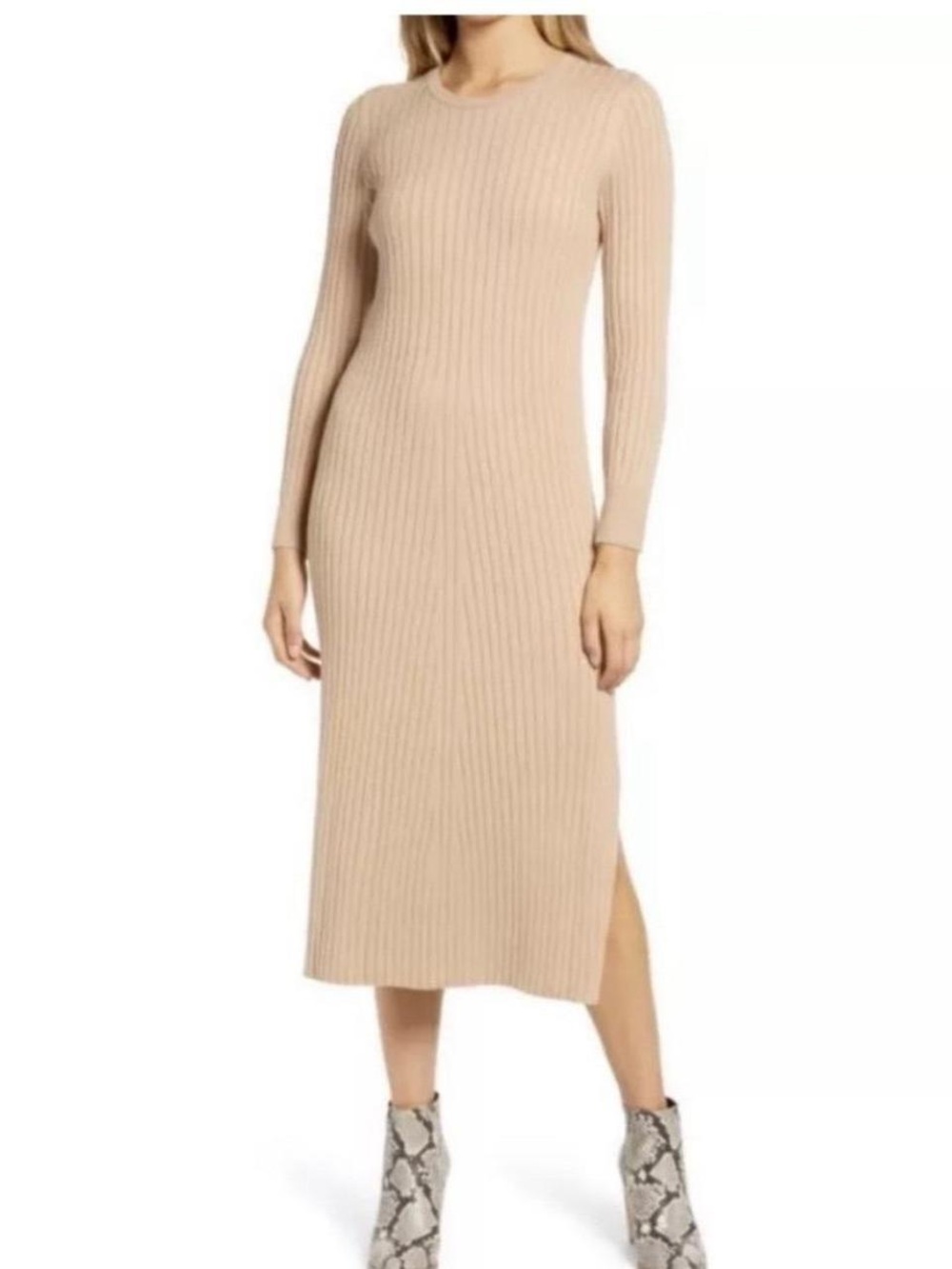 Wayf Beige Ribbed Sweater Dress